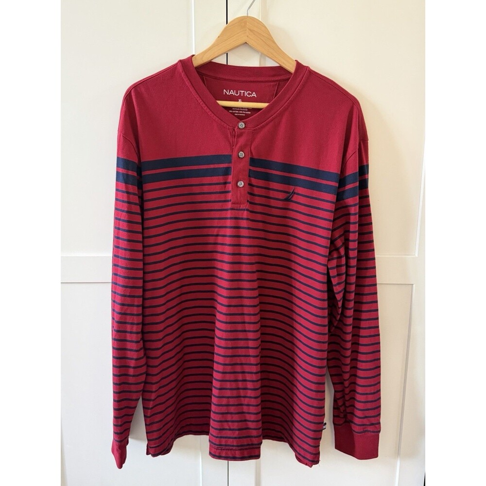 Nautica Shirt Mens‎ XL Cranberry Navy Stripe Henley Long Sleeve